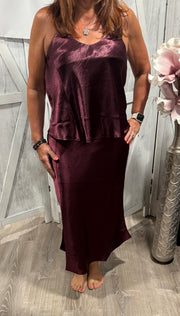 Merlot High Waisted Satin Skirt With Matching Satin Camisole Top SET