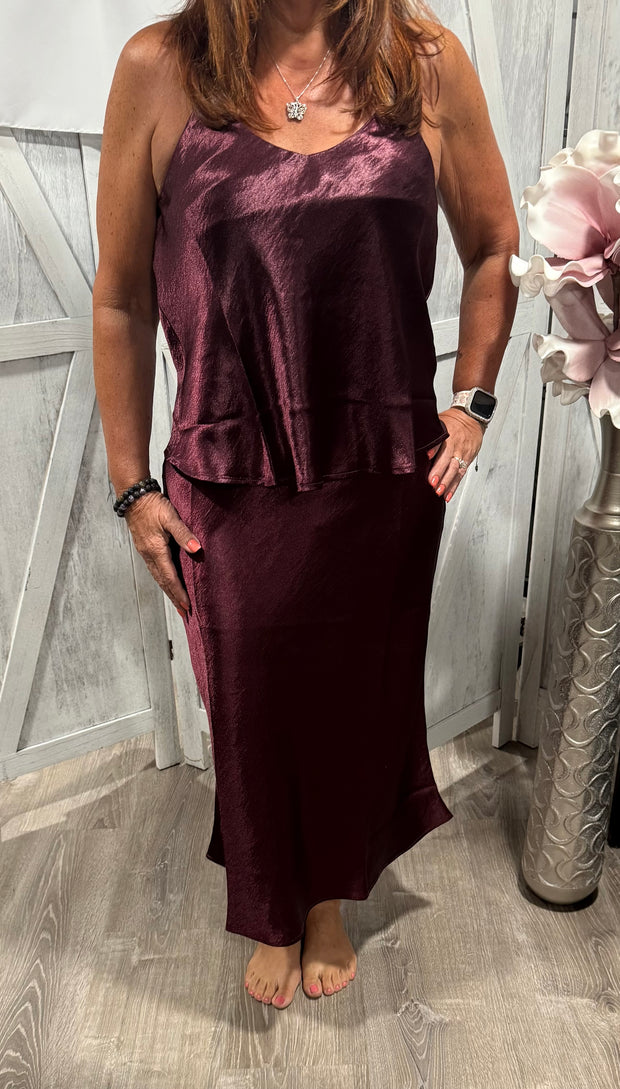 Merlot High Waisted Satin Skirt With Matching Satin Camisole Top SET