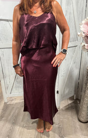 Merlot High Waisted Satin Skirt With Matching Satin Camisole Top SET
