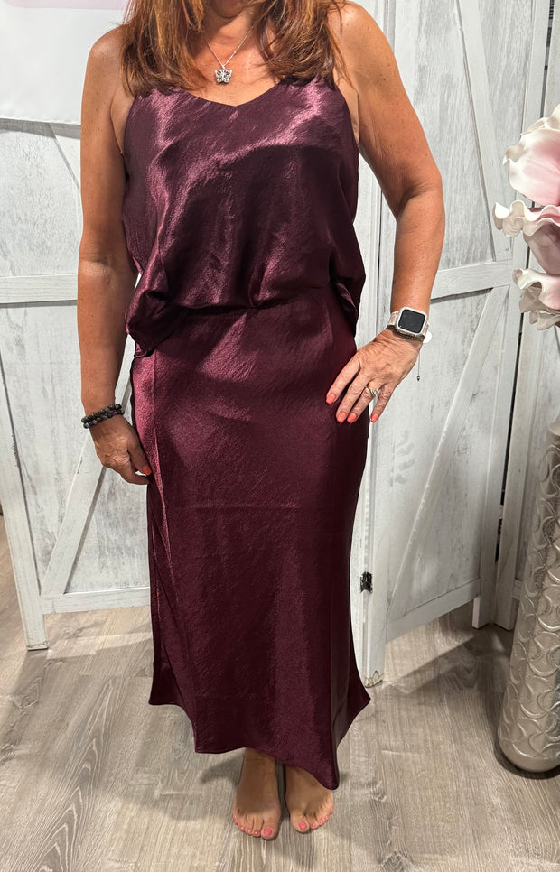 Merlot High Waisted Satin Skirt With Matching Satin Camisole Top SET