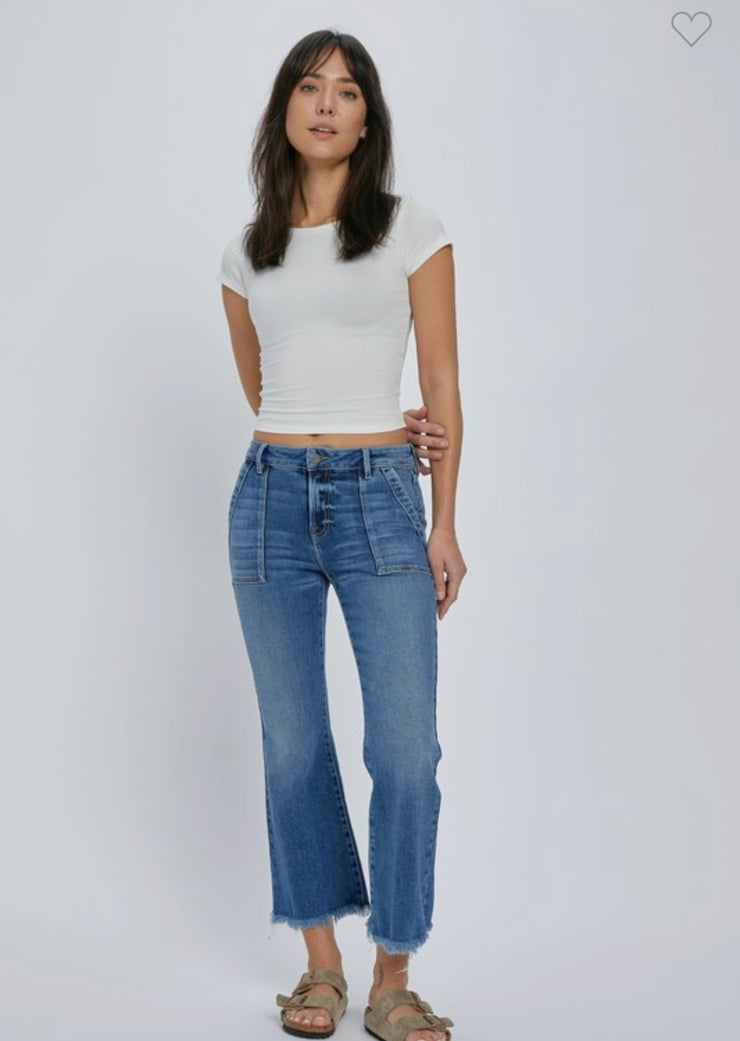 Med Wash Frayed Hem Cargo Crop Flare Jeans