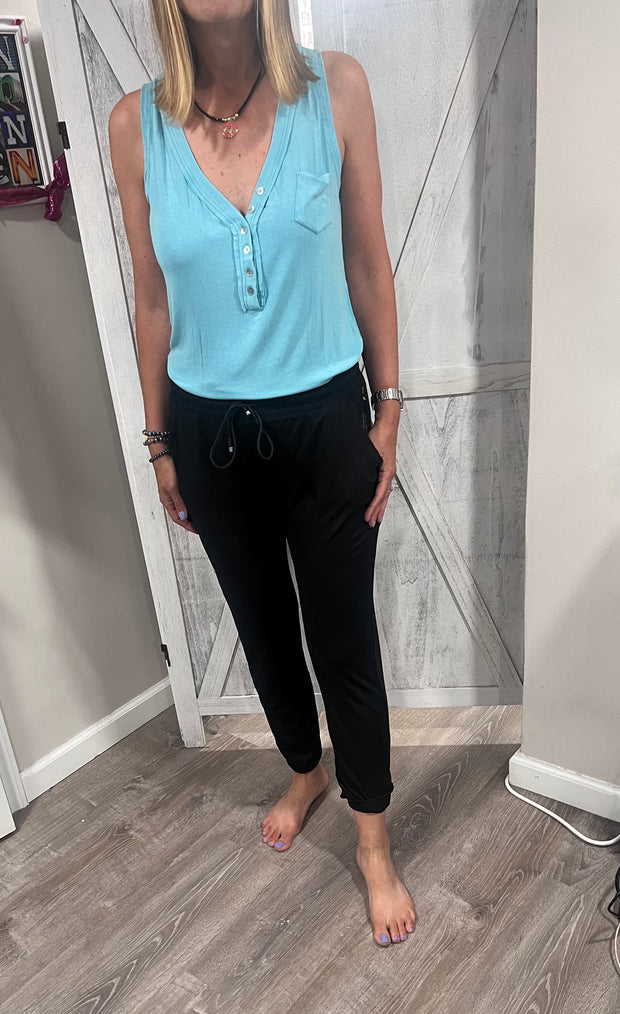 Turquoise Sleeveless V Neck Button Henley Top- (Available in Black Too)