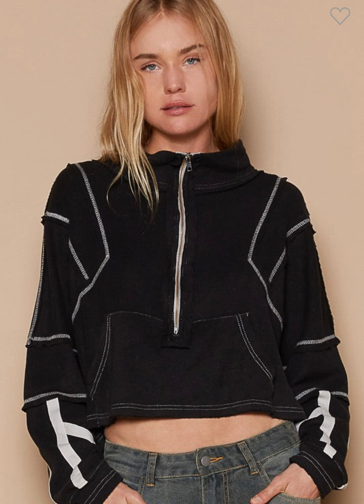 Black Stitch Detail Zip Up Crop Top