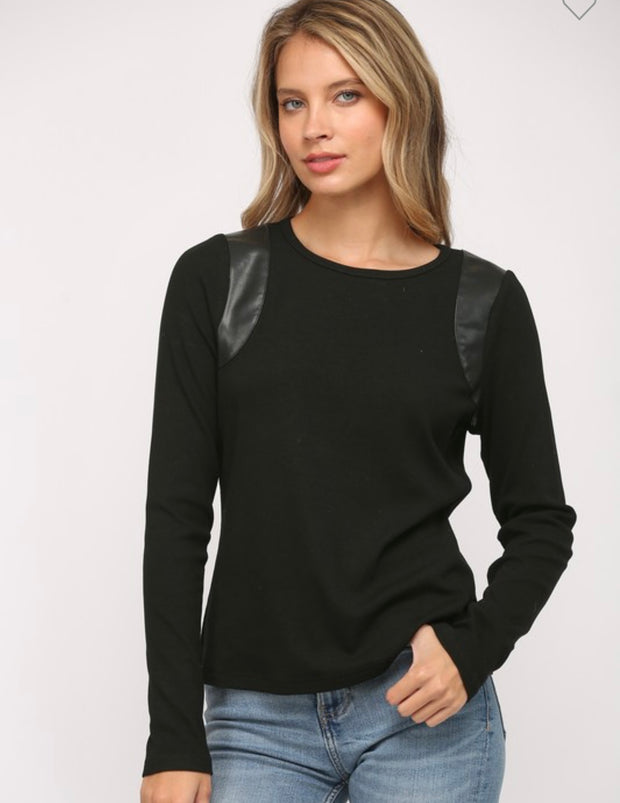 Faux Leather Shoulder Trim Stretch Top