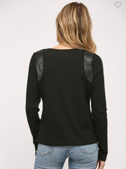 Faux Leather Shoulder Trim Stretch Top