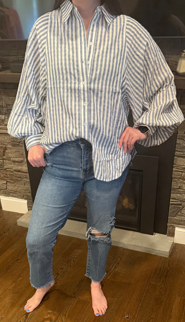 Denim Long Sleeve Striped Button Down Top