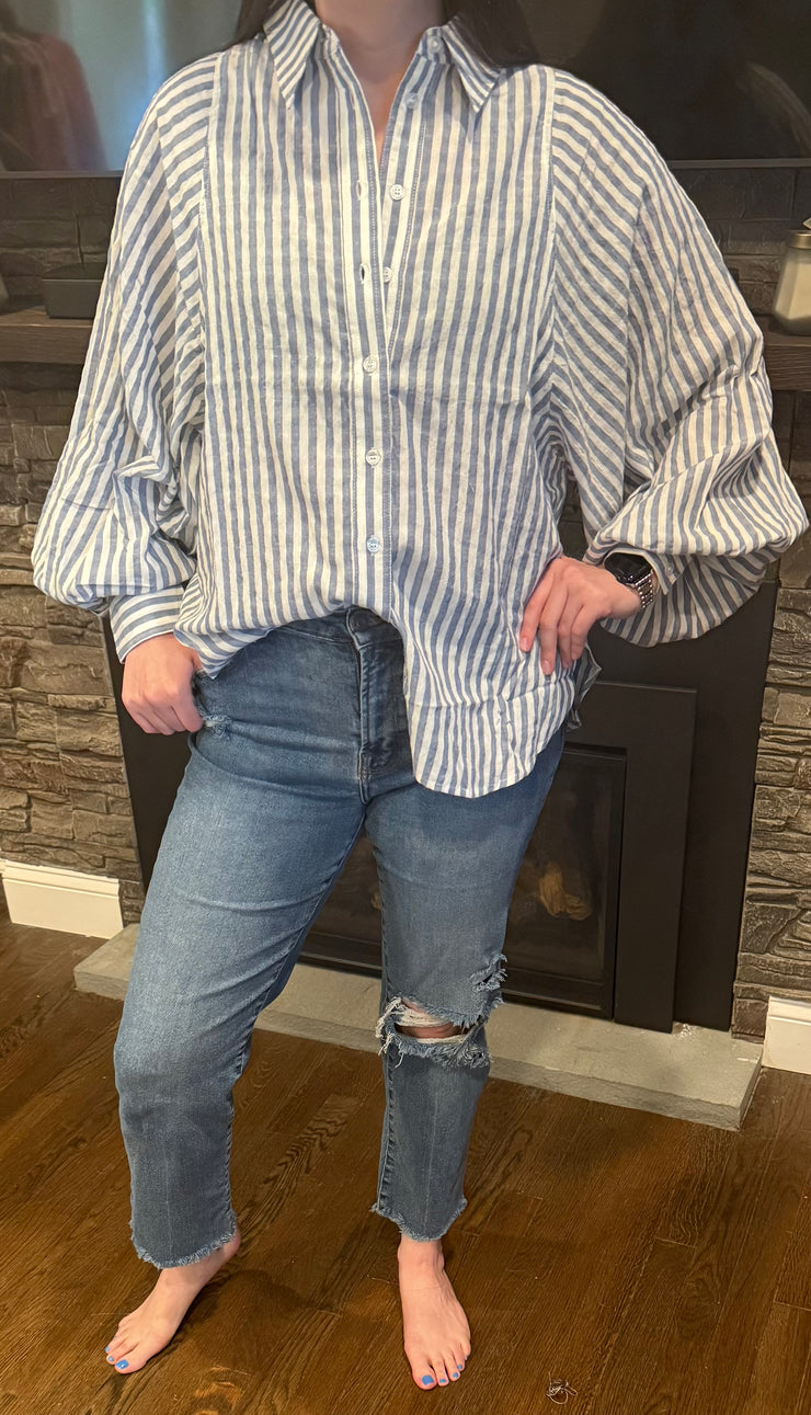 Denim Long Sleeve Striped Button Down Top