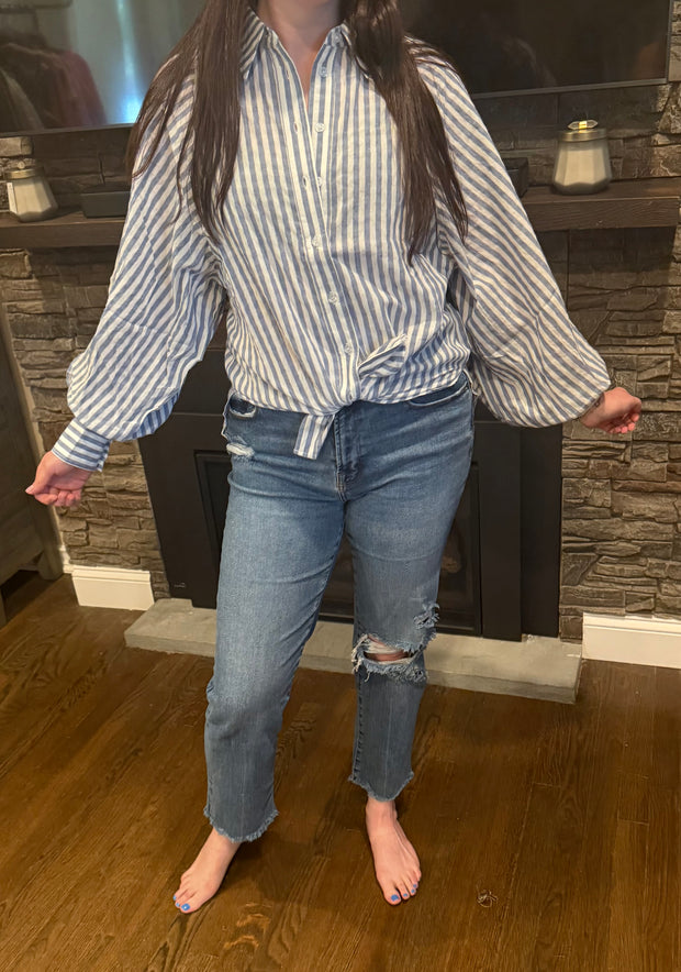Denim Long Sleeve Striped Button Down Top