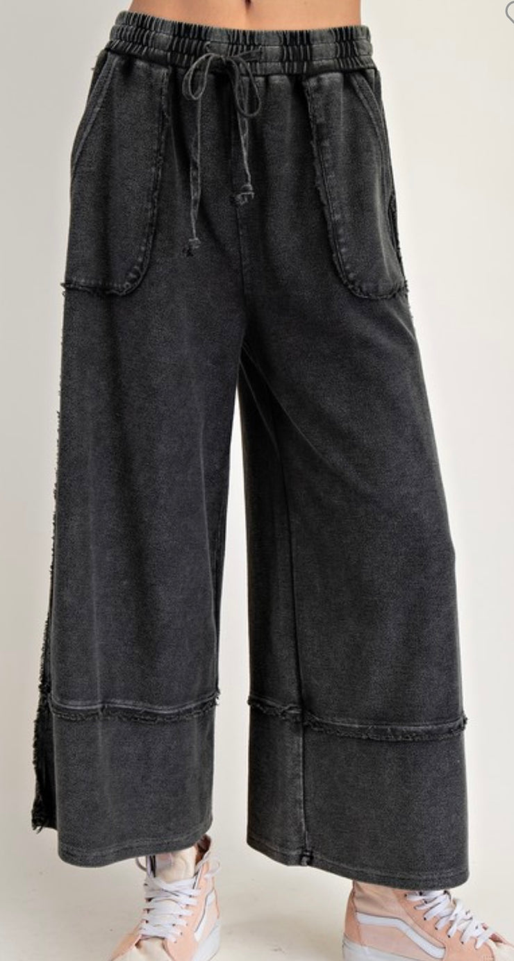 Black Mineral Washed Wide Leg Pant