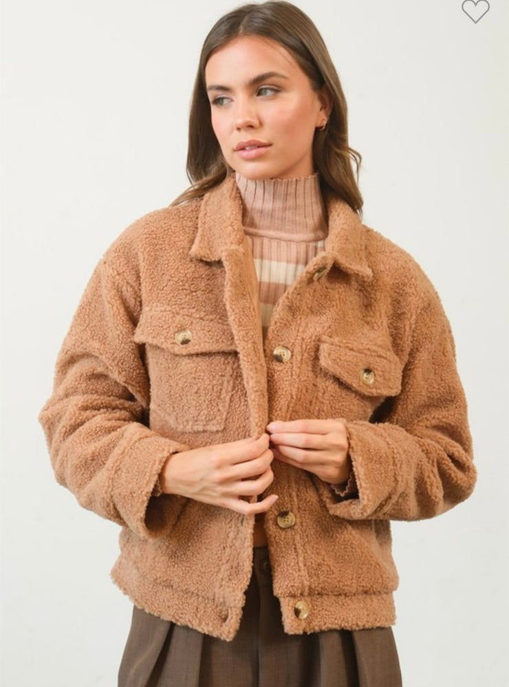 Sherpa Button-Front Jacket in Black & Taupe