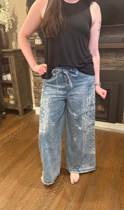 Patchwork Printed Washed Denim Pants