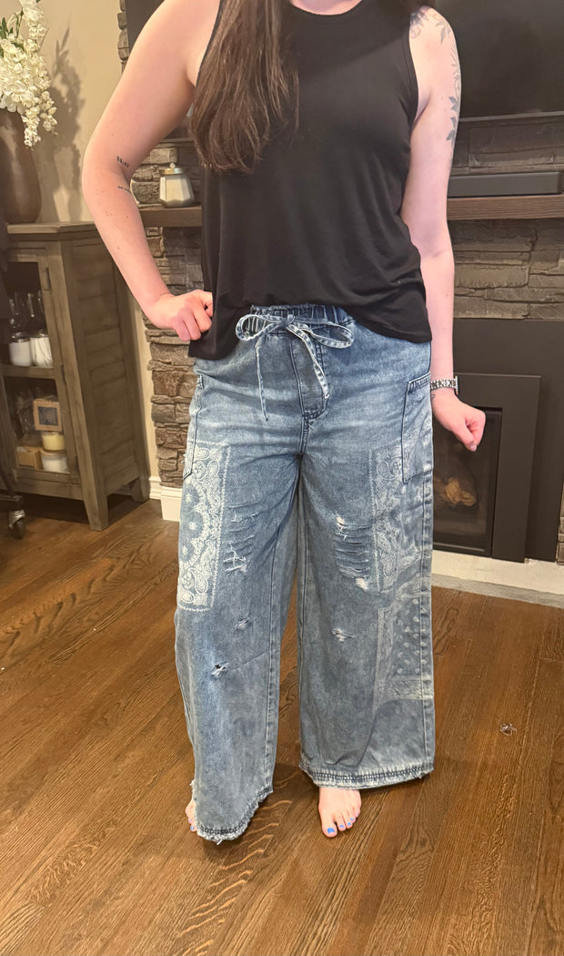 Patchwork Printed Washed Denim Pants