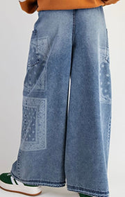 Patchwork Printed Washed Denim Pants