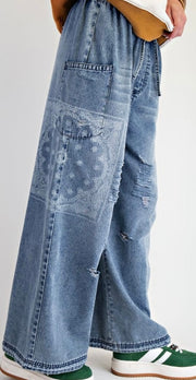 Patchwork Printed Washed Denim Pants