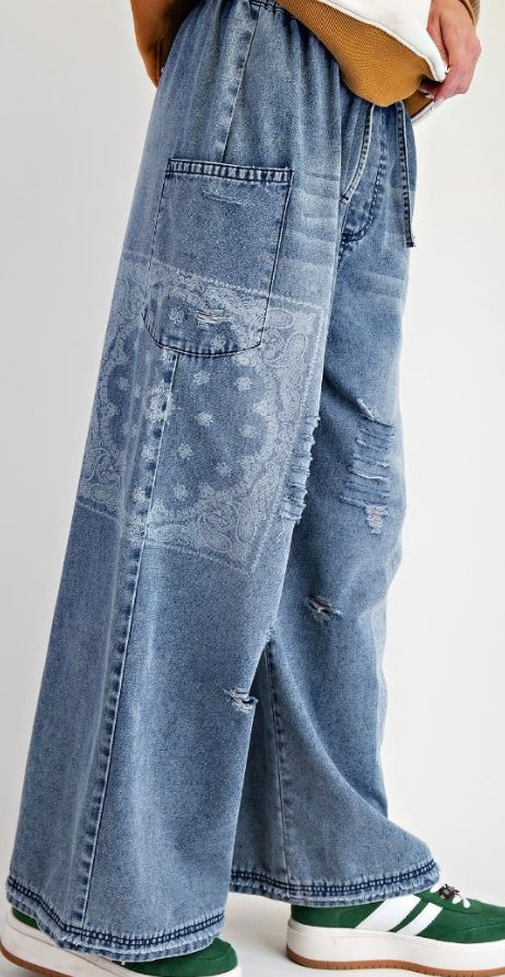 Patchwork Printed Washed Denim Pants