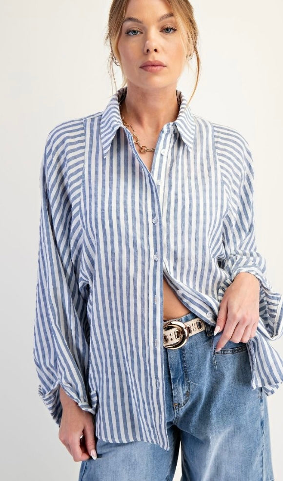 Denim Long Sleeve Striped Button Down Top
