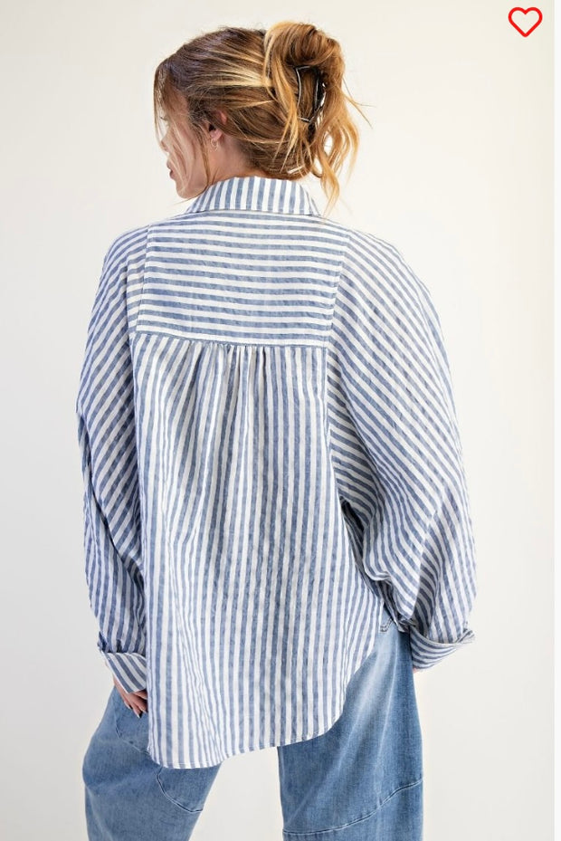 Denim Long Sleeve Striped Button Down Top