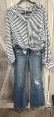 Denim Long Sleeve Striped Button Down Top