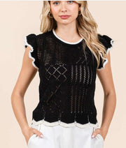 Black Multi Pattern Contrast Ruffle Sweater