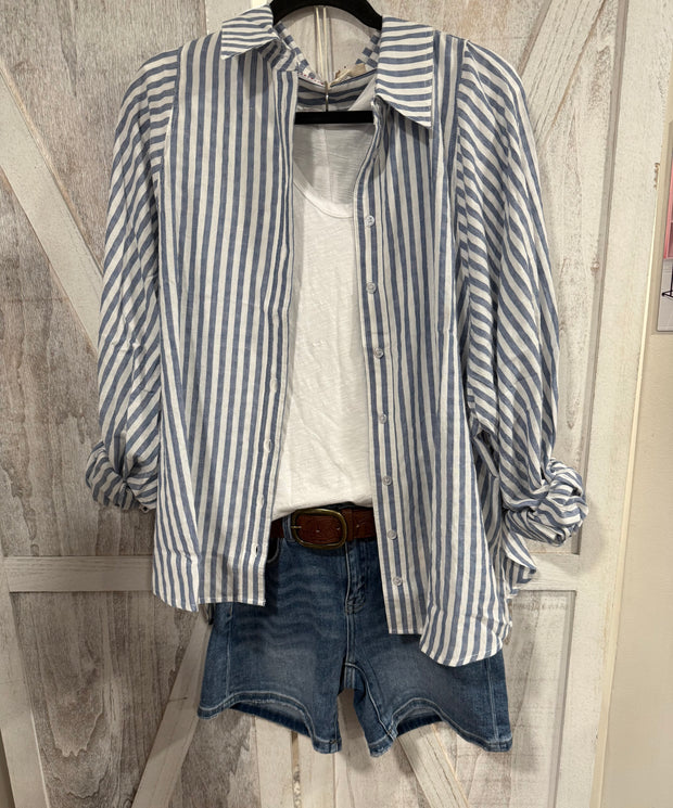 Denim Long Sleeve Striped Button Down Top