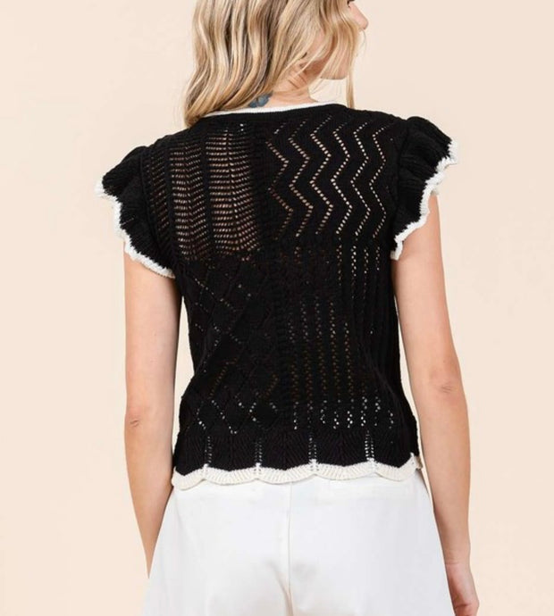 Black Multi Pattern Contrast Ruffle Sweater