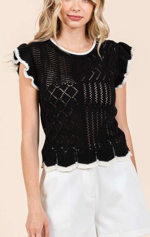 Black Multi Pattern Contrast Ruffle Sweater