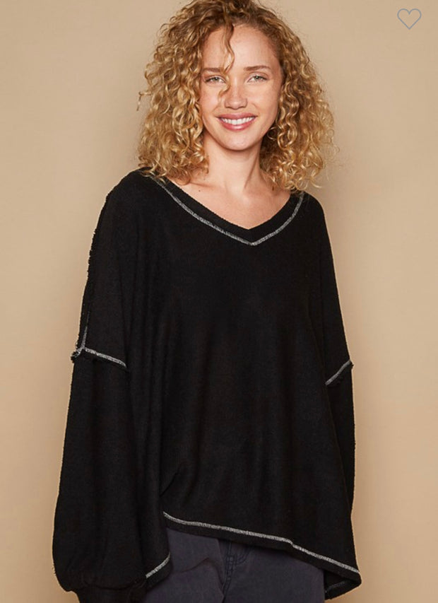 Black Oversize Fit Overlock Detail Knit Top