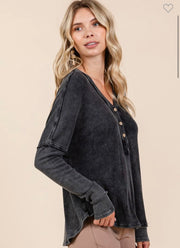 Charcoal Mineral Wash Henley V Neck Top