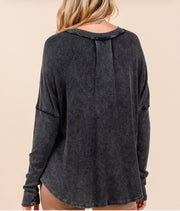 Charcoal Mineral Wash Henley V Neck Top
