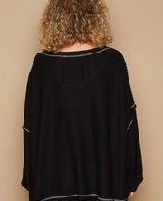 Black Oversize Fit Overlock Detail Knit Top