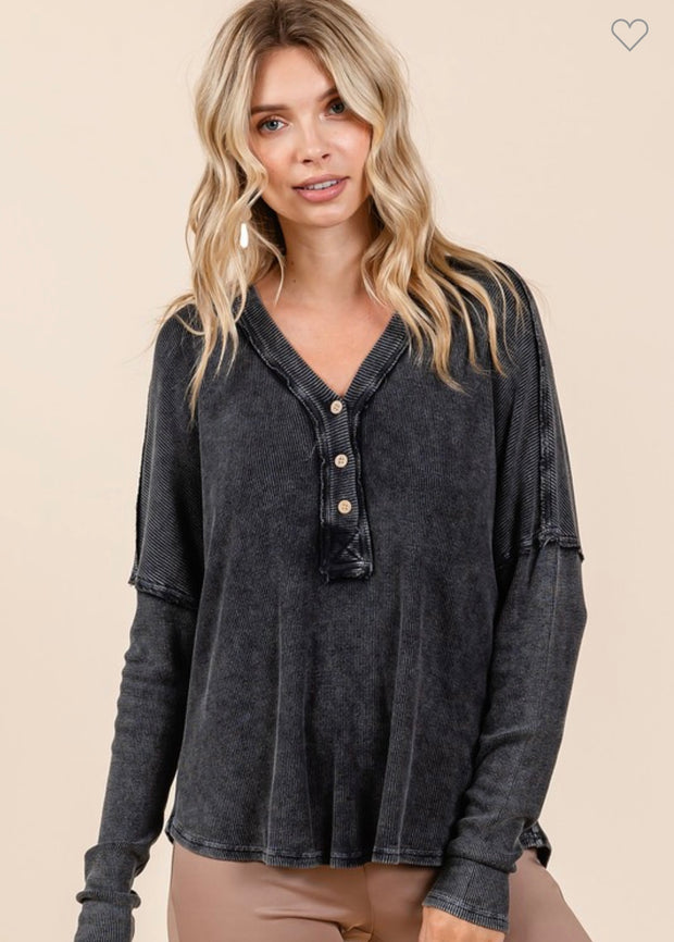 Charcoal Mineral Wash Henley V Neck Top