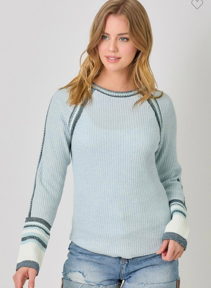 Ice Blue Raglan Sleeve Trim Detail Top