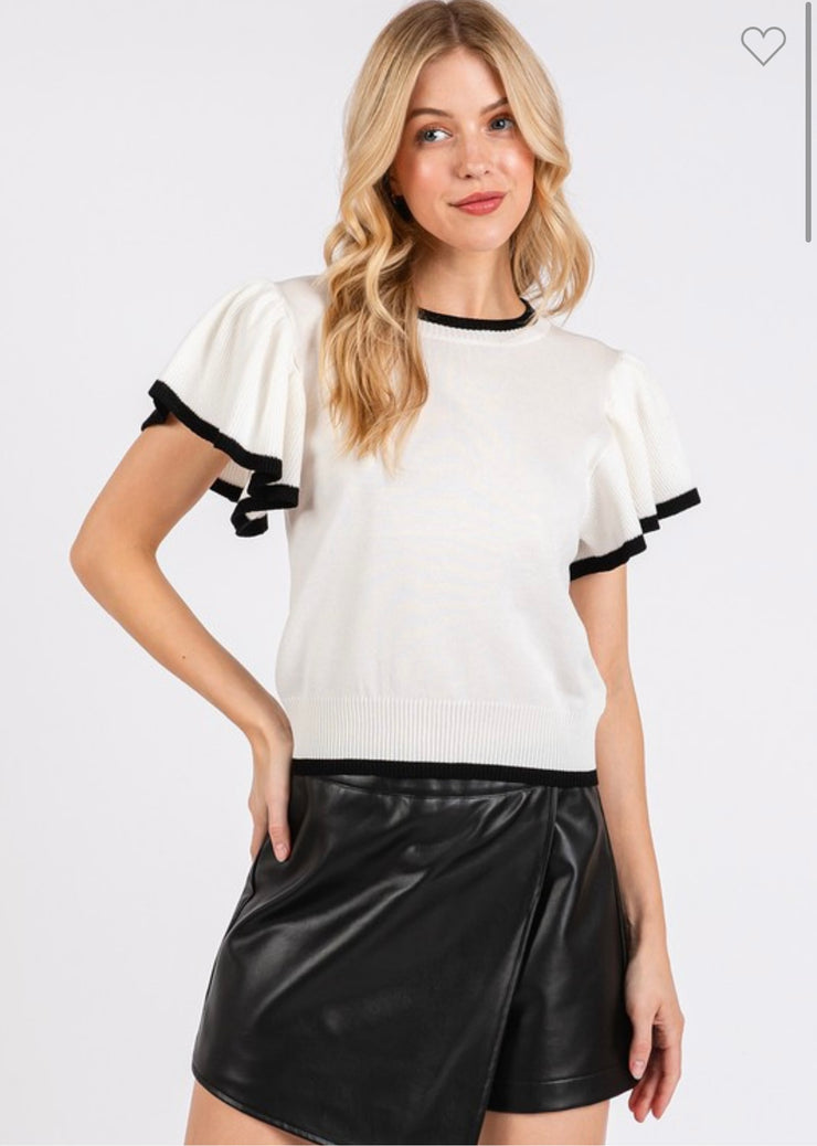 Ivory Ruffle Short Sleeve Contrast Top