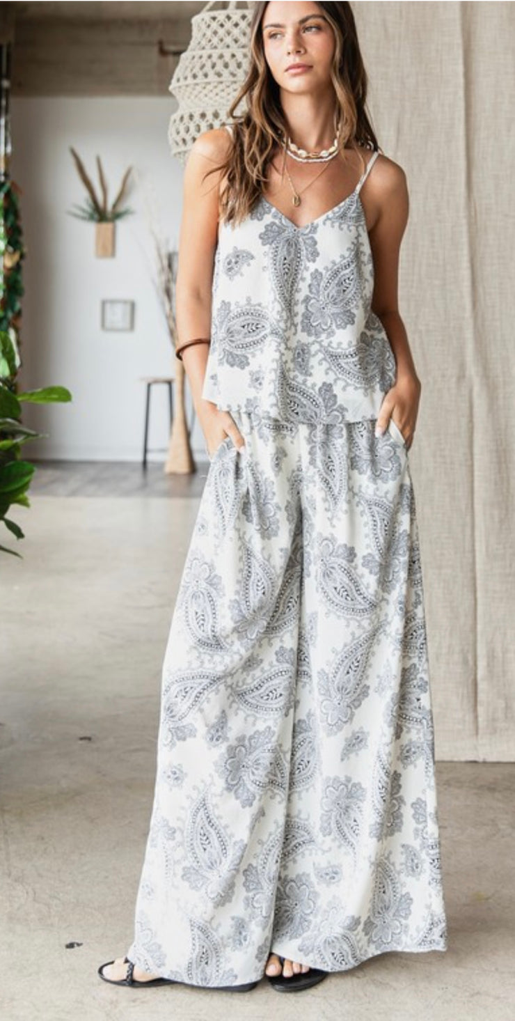 Black/Cream Paisley Print Cami & Pant Set