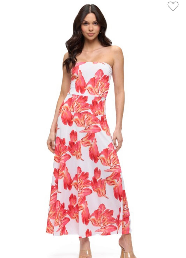 Floral Print Tube Flare Maxi Dress