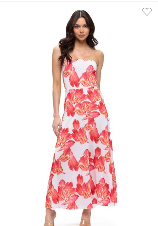 Floral Print Tube Flare Maxi Dress