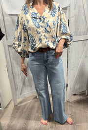 Blue Print Button Down Top With 3/4 Length Balloon Sleeves- Also comes in Fuchsia