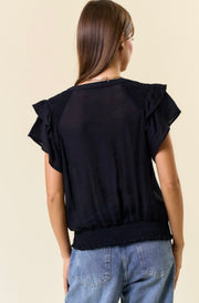 Black Smocked Shoulder Ruffle Top