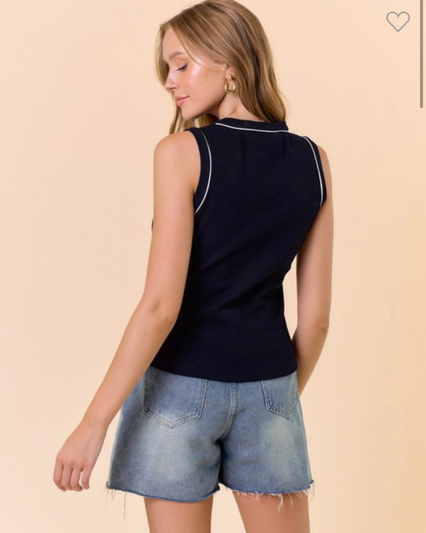 Black Cotton Rib Contrast Piping Tank