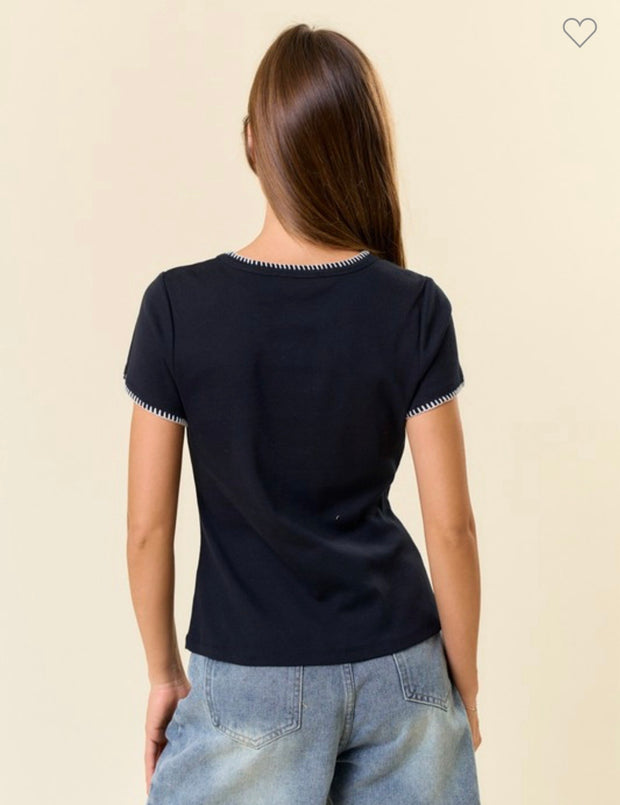 Black Short Sleeve Cotton Jersey Tee With Contrast Stitching Detail