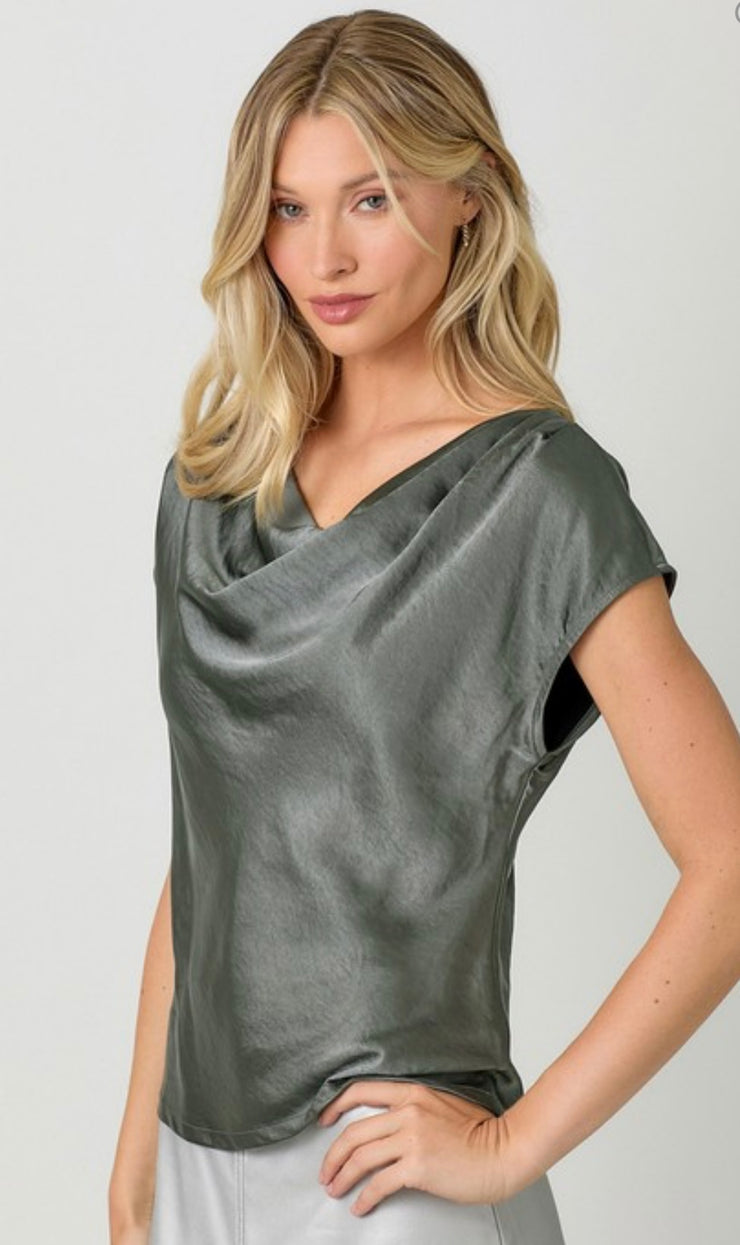 Dark Moss Satin Cowl Top