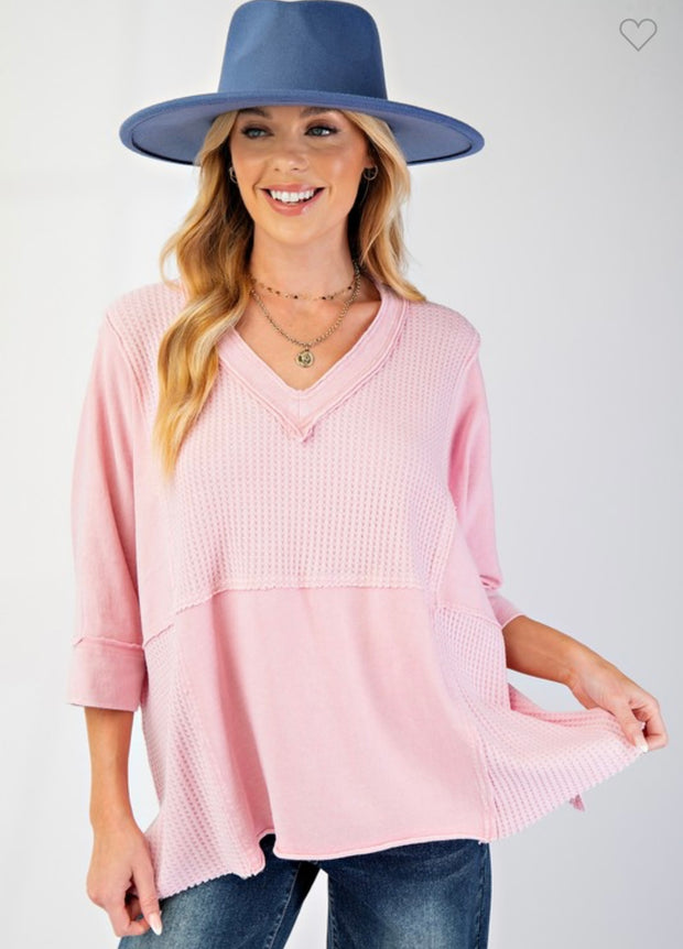 Pink Mineral Washed V Neck Waffle Detail Top