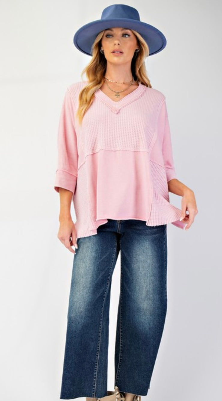 Pink Mineral Washed V Neck Waffle Detail Top