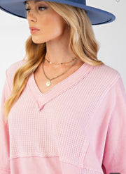 Pink Mineral Washed V Neck Waffle Detail Top