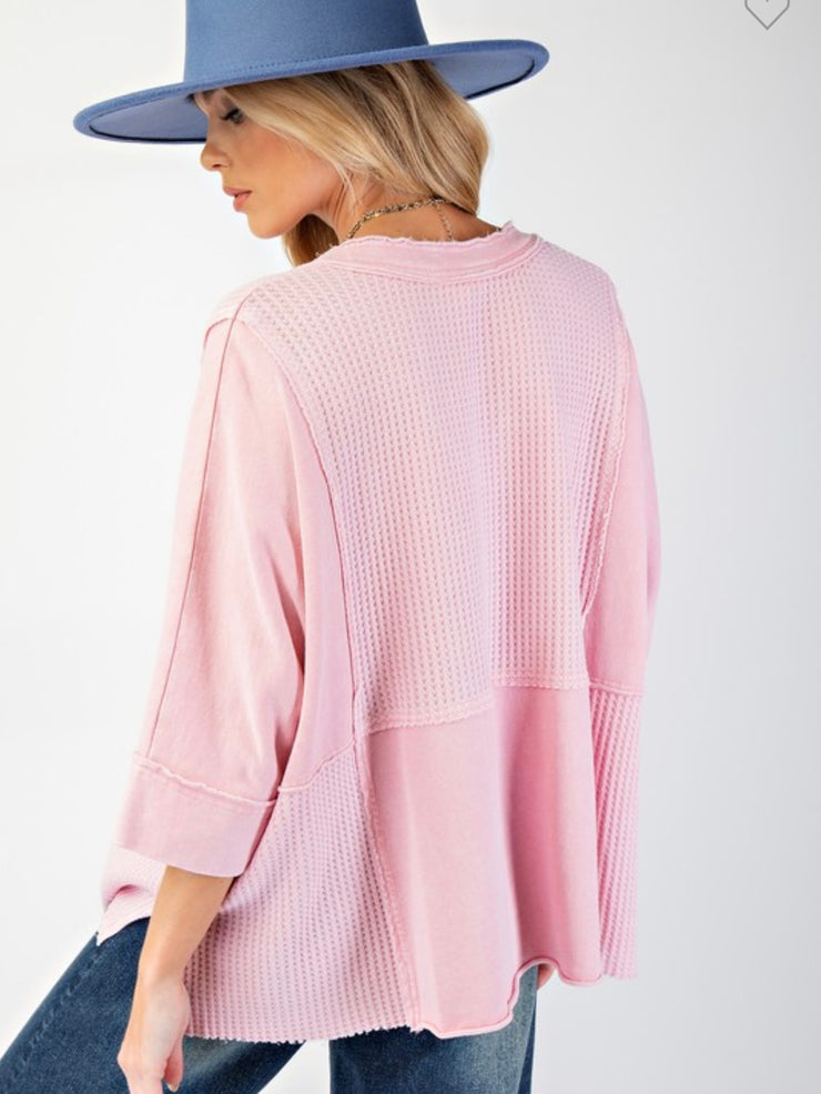 Pink Mineral Washed V Neck Waffle Detail Top