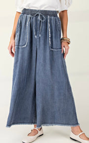 Washed Denim Self Fray Detailing Washed Chambray Pants