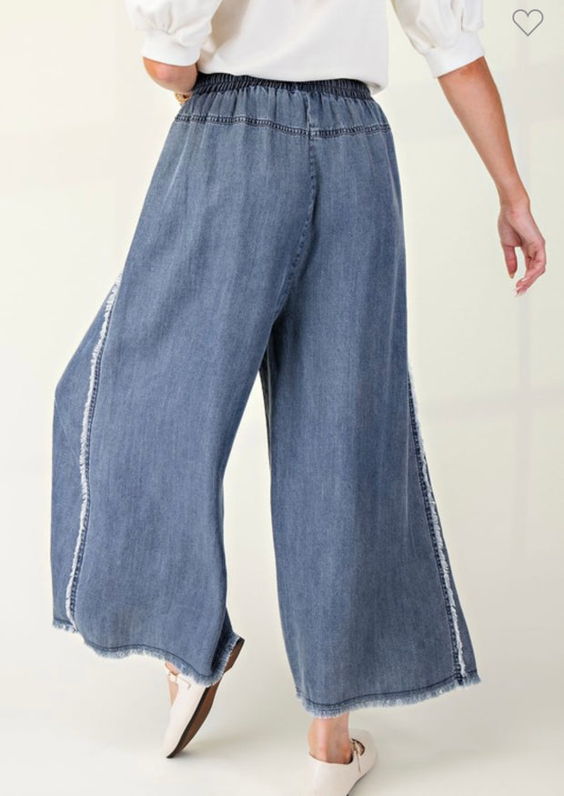 Washed Denim Self Fray Detailing Washed Chambray Pants