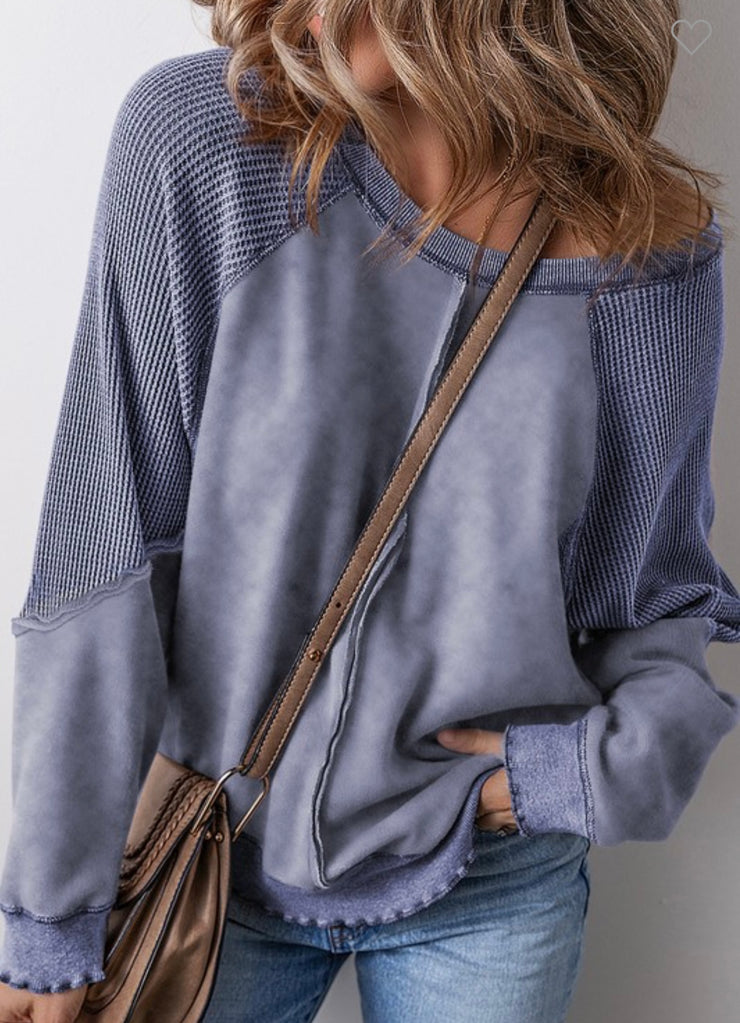 Blue Washed Sweatshirt With Waffle Detail- Available in Pink & Black Too!