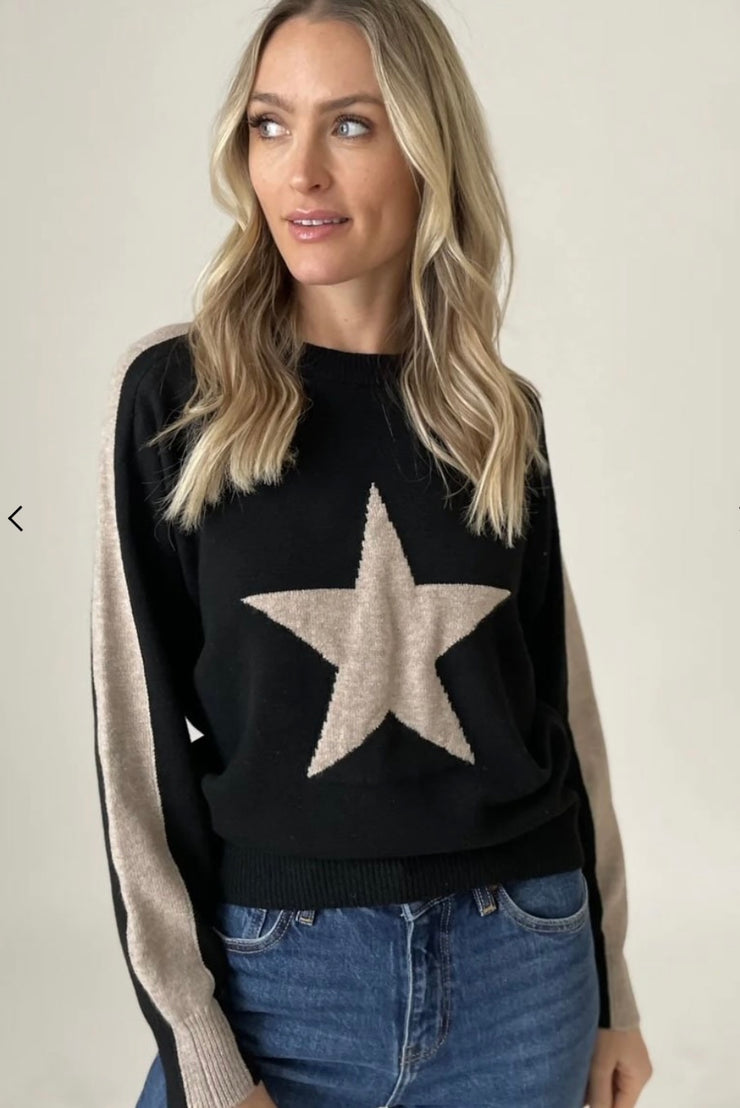 Six Fifty Black/Camel Star Graphic Crew Neck Sweater