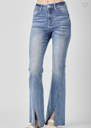 High Rise Twisted Hem Flare Jeans- No Rips or Distressing